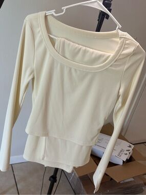 Women's Cream Long-Sleeve Layered Scoop Neck Top